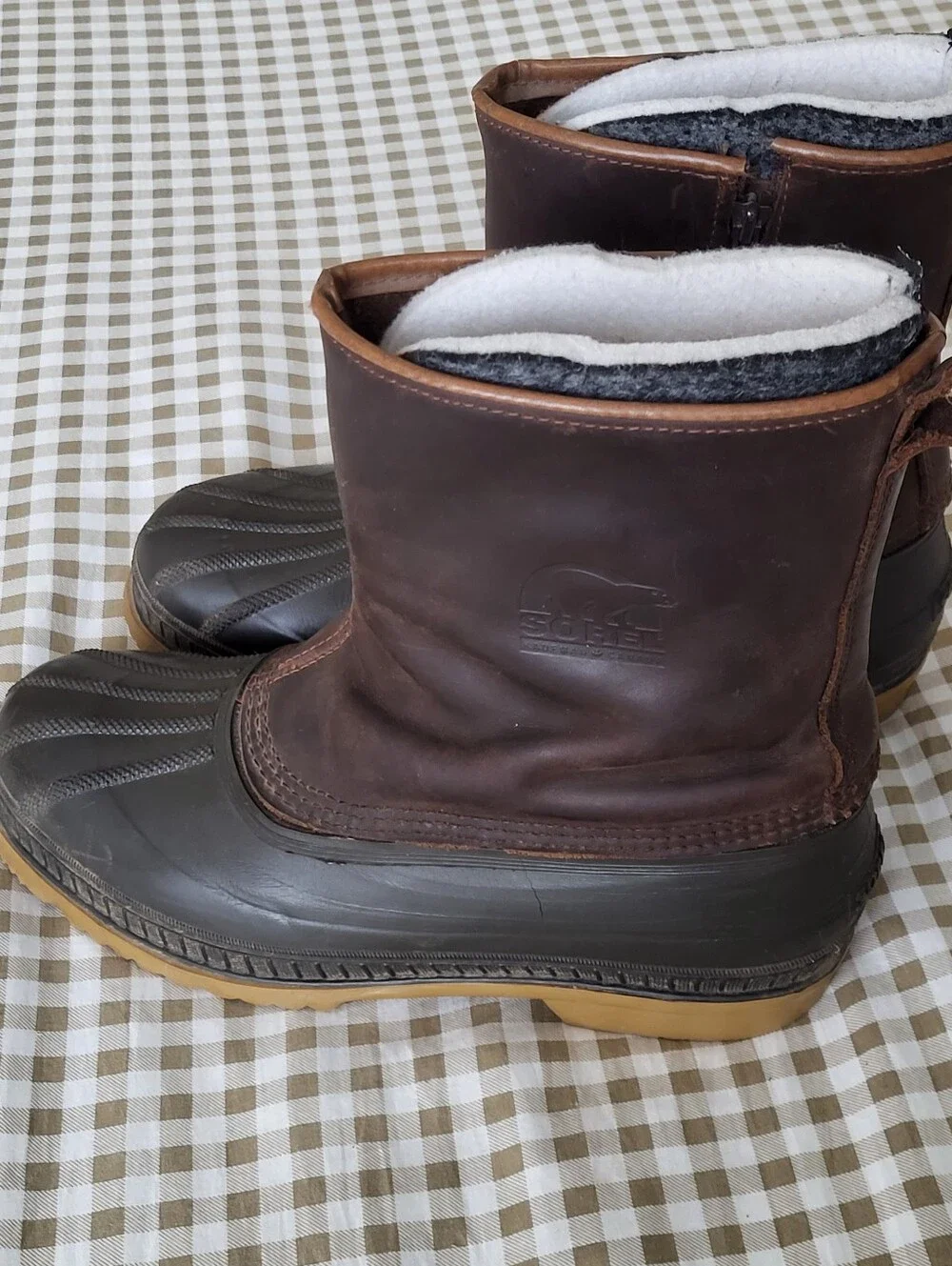 Sorel Brown Leather & Rubber Winter Pull-On Boots, Removable Wool Liner, Sz 10
